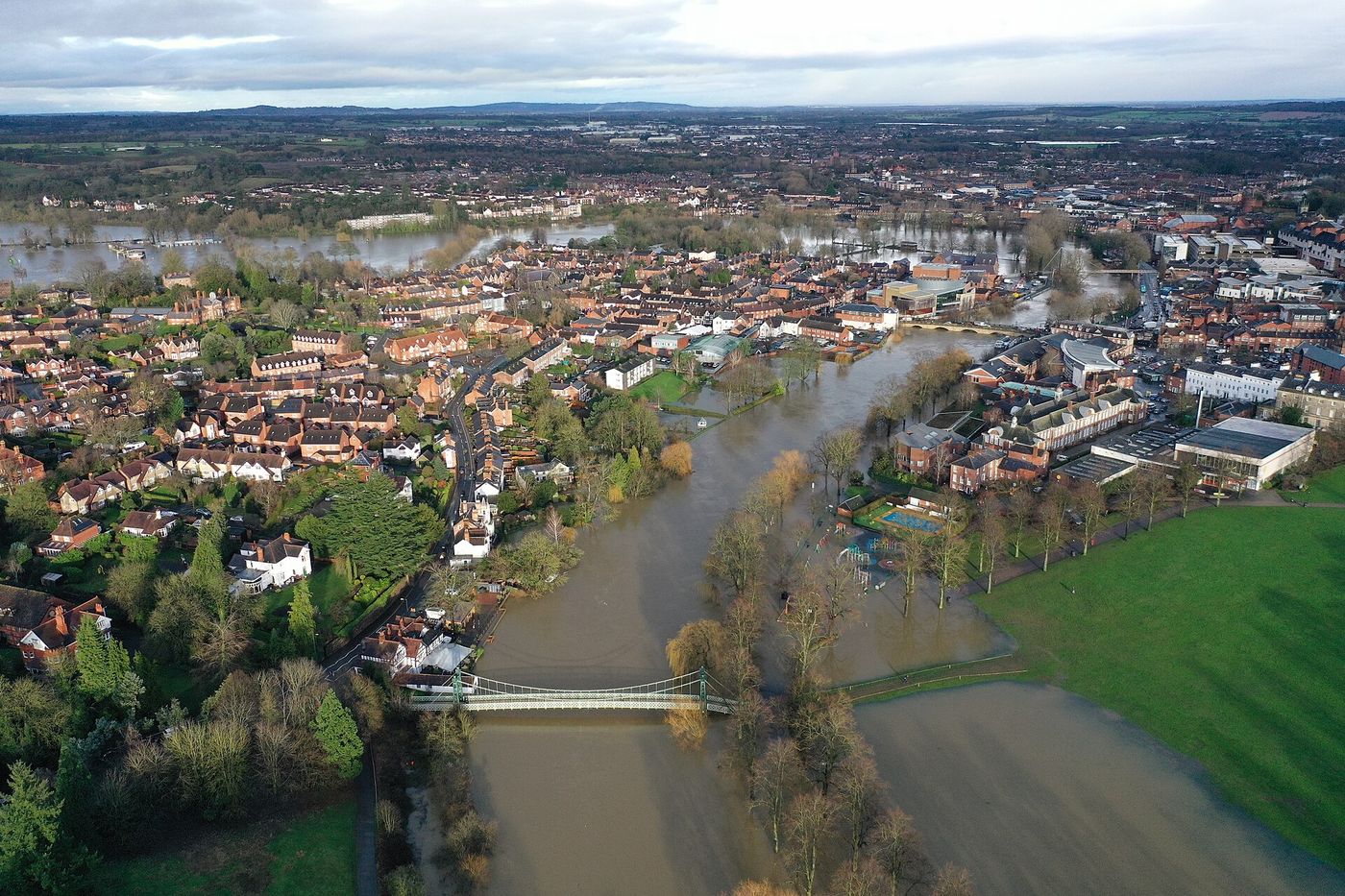 Aerial view of the River Severn in flood