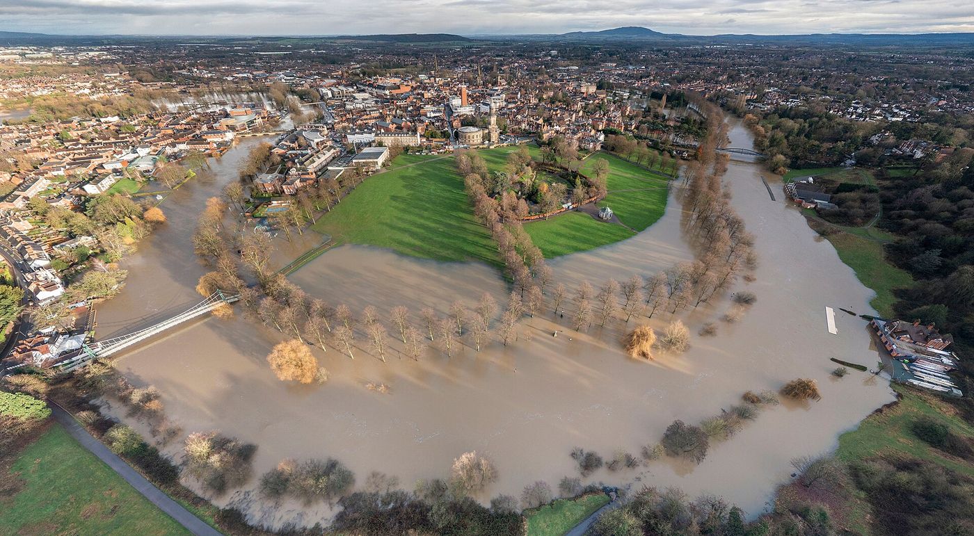 Aerial view of a river in flood