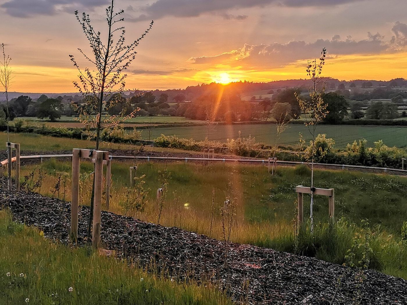 An attenuation pond at dusk